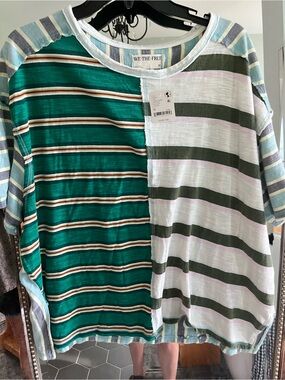 We The Free Green & White Striped Patchwork Top